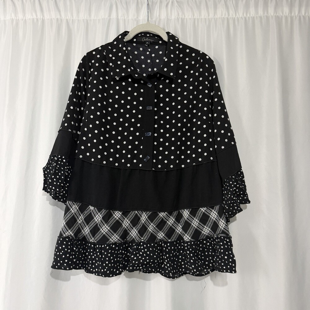 Caleooa Mixed Print Tunic Blouse Sz PL Black White Polka Dot Plaid Tiered Ruffle - Picture 1 of 11